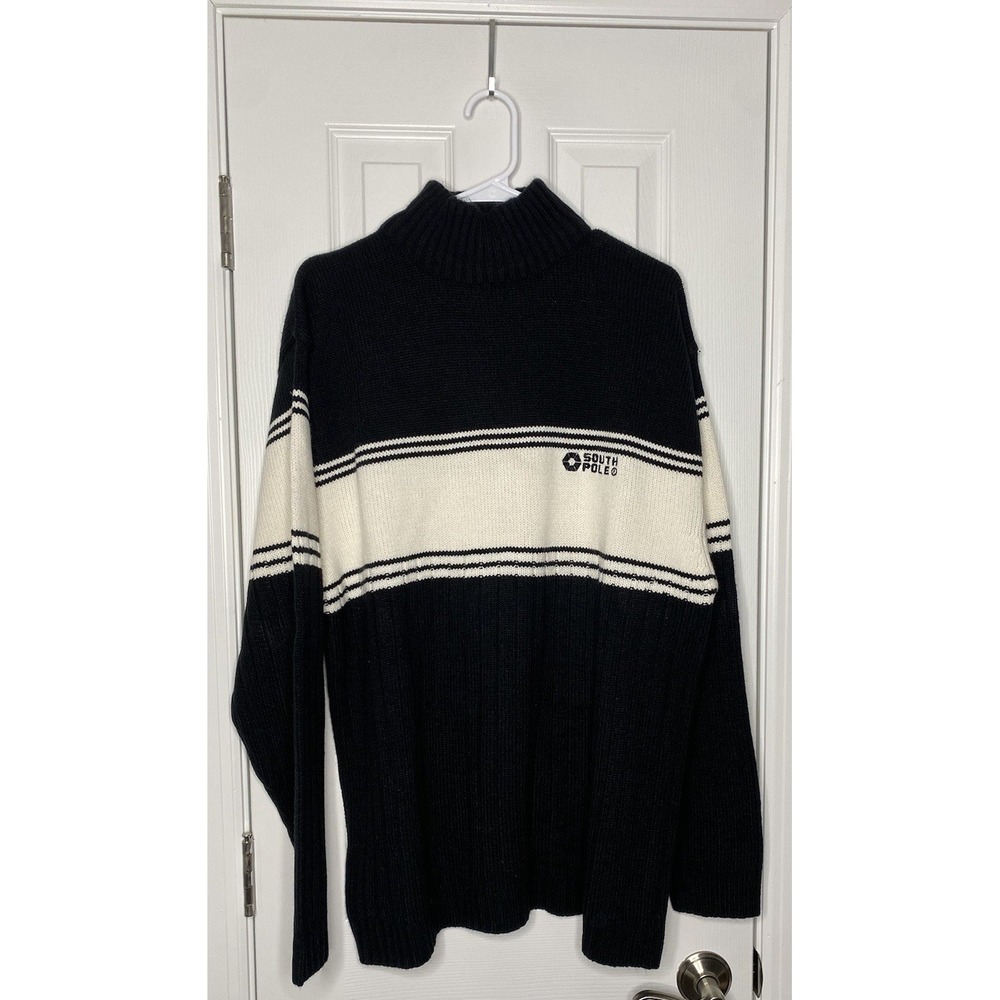 Vintage Southpole‎ Mens Pullover Turtleneck Sweater Black White Large- Read